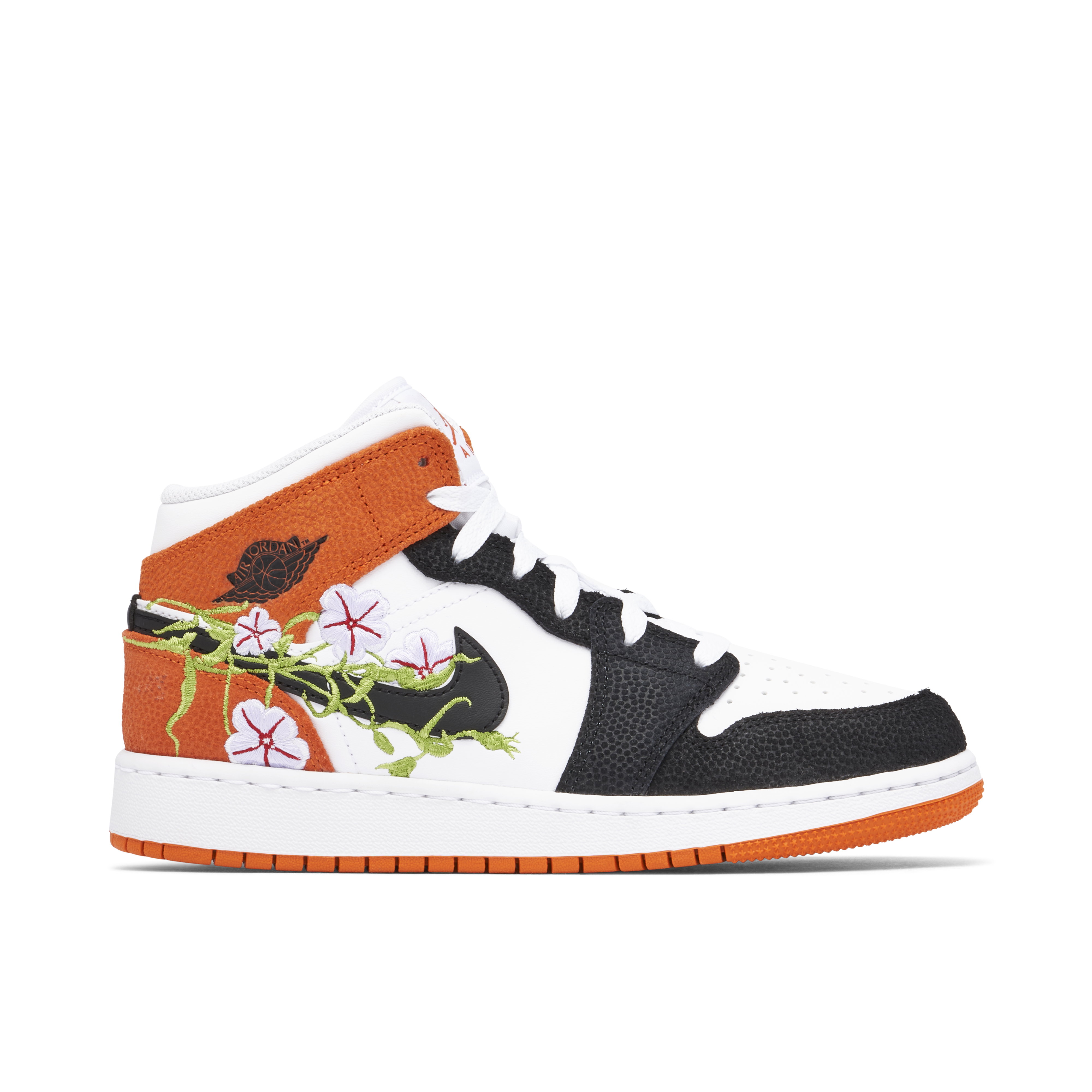 Air Jordan 1 Mid Floral Embroidery Black Orange GS | DQ8390-100