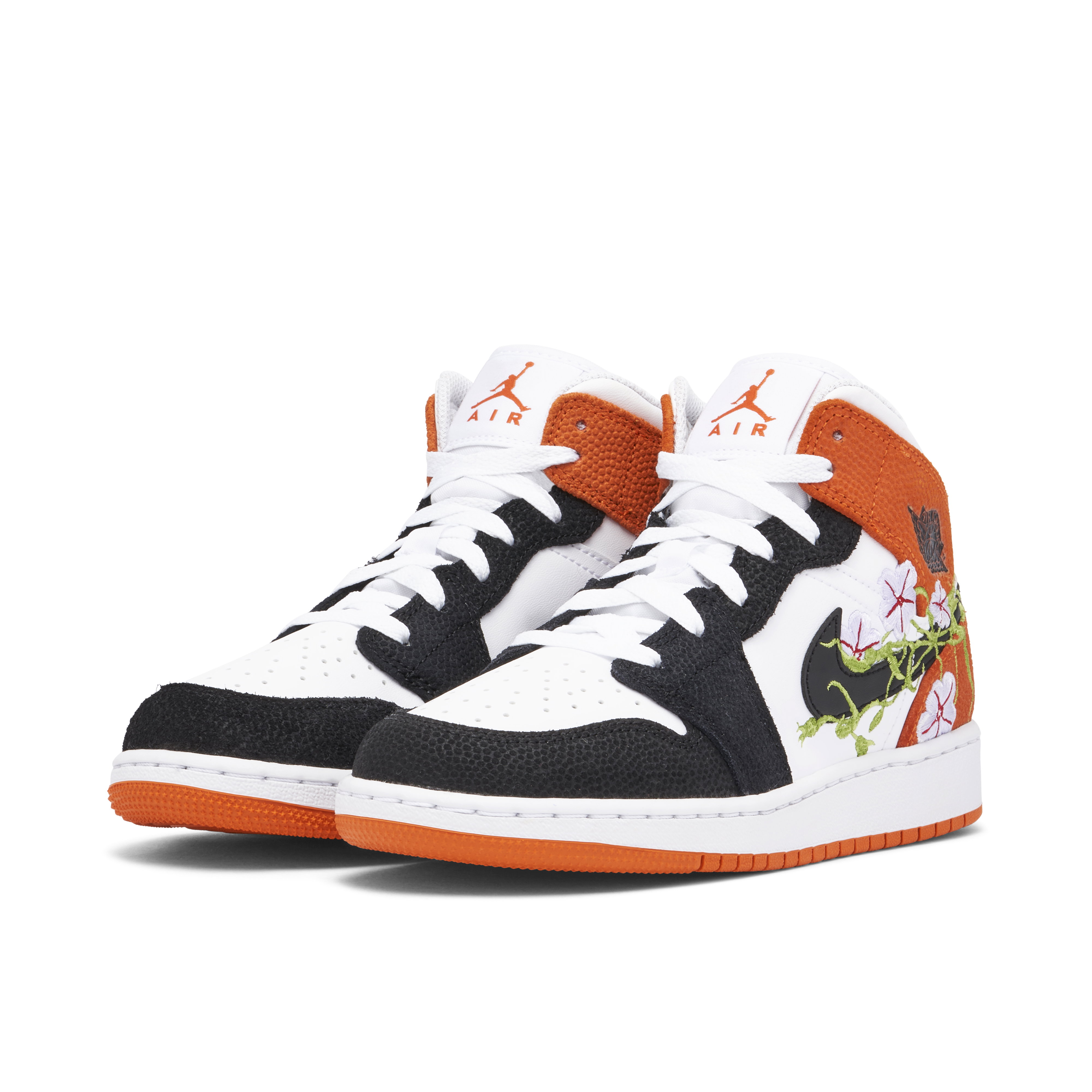 Air Jordan 1 Mid Floral Embroidery Black Orange GS | DQ8390-100