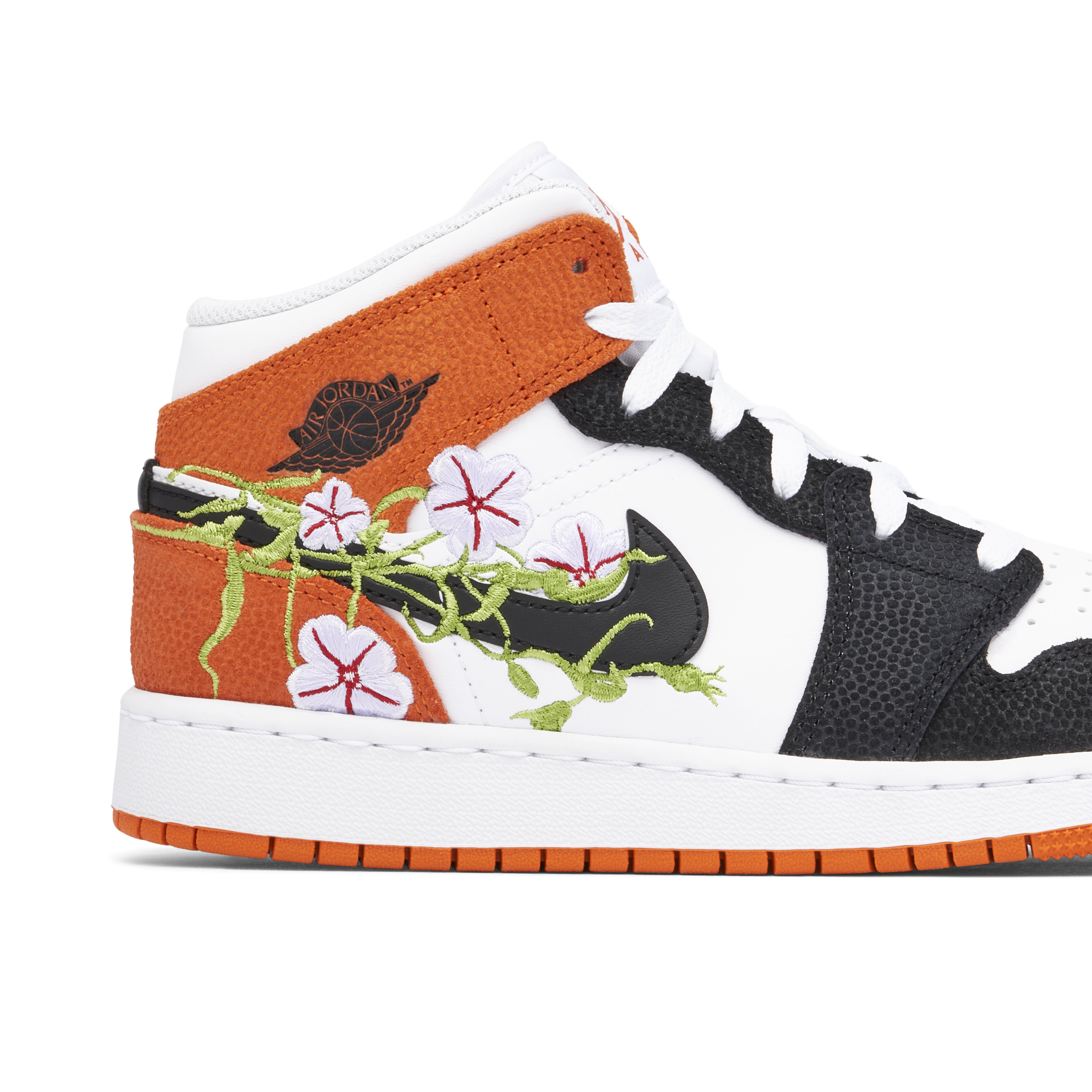 Air Jordan 1 Mid Floral Embroidery Black Orange GS | DQ8390-100