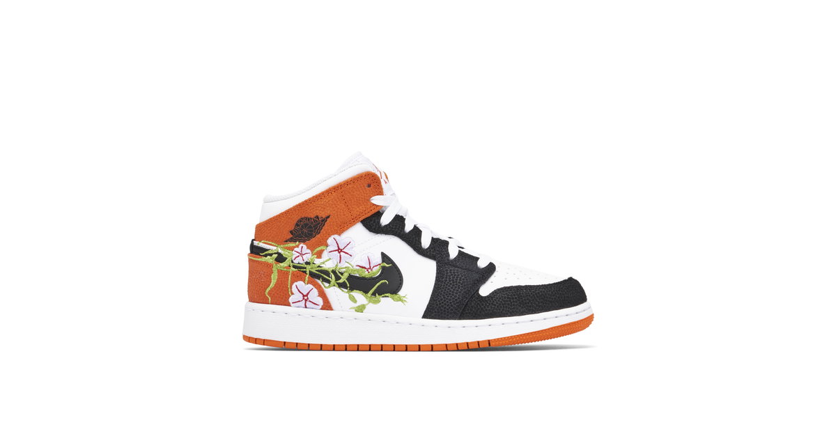 Air Jordan 1 Mid Floral Embroidery Black Orange GS | DQ8390-100