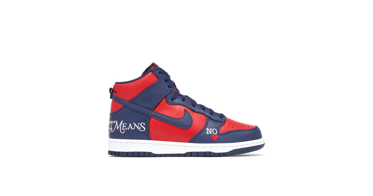 Supreme x Nike SB Dunk High By Any Means Red Navy | DN3741-600 | Laced